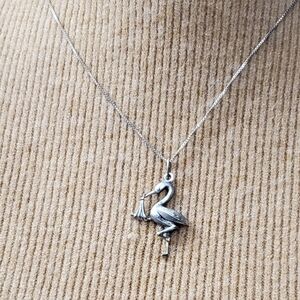 Vtg. Sterling Silver Stork with Baby Pendant Necklace